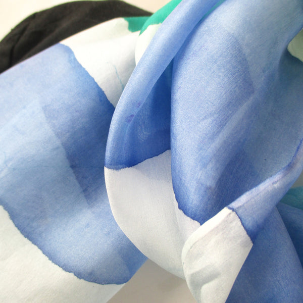 Blue Green Stripe Hand-Painted Silk Scarf