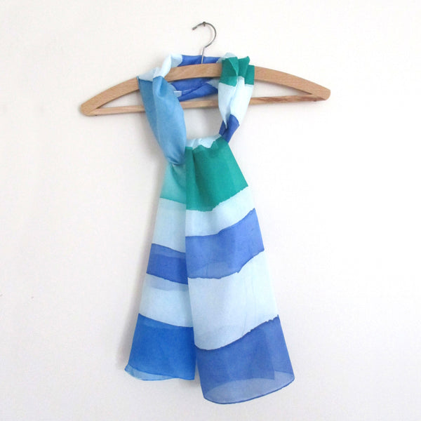 Blue Green Stripe Hand-Painted Silk Scarf