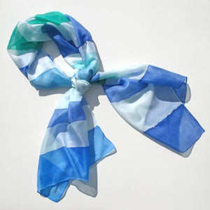 Blue Green Stripe Hand-Painted Silk Scarf