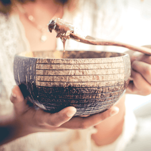 Natural Coconut Bowl with Handmade Wooden Spoon Set - Striped Pattern