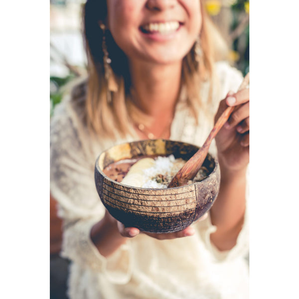 Natural Coconut Bowl with Handmade Wooden Spoon Set - Striped Pattern