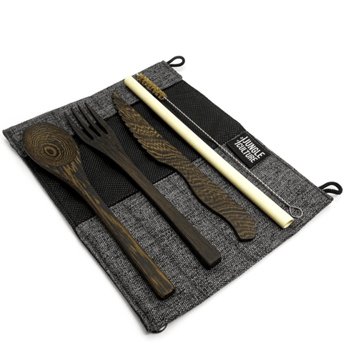 Reusable Cutlery Set - Reclaimed Dark Wood - Handmade